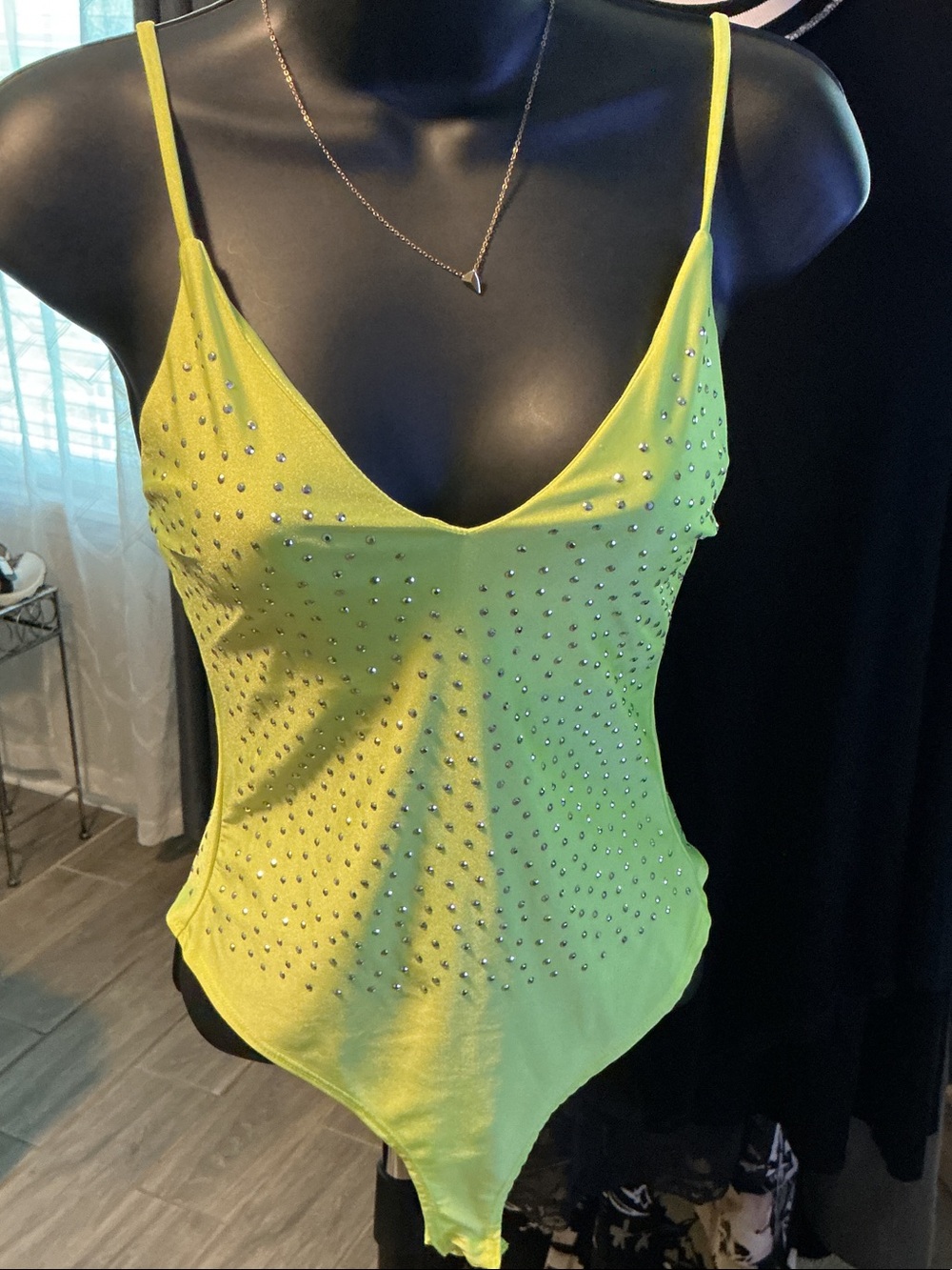 Daisy Neon Lime Rhinestone-Studded Spaghetti Strap Bodysuit Small